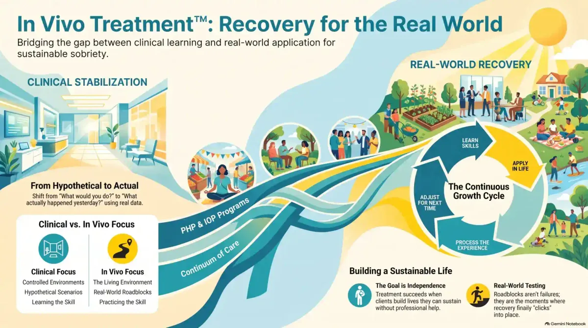 In Vivo Treatment™ infographic: clinical stabilization flows through PHP and IOP into real-world recovery and a learn, apply, process, adjust cycle.